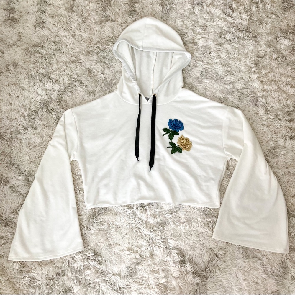 Charlotte Russe Cropped Hoodie, size small, white,flower embroidery, bell sleeve